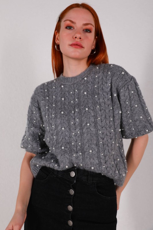 BLZ-3910 Gri Örgü Desenli Kol Lastikli Triko Bluz