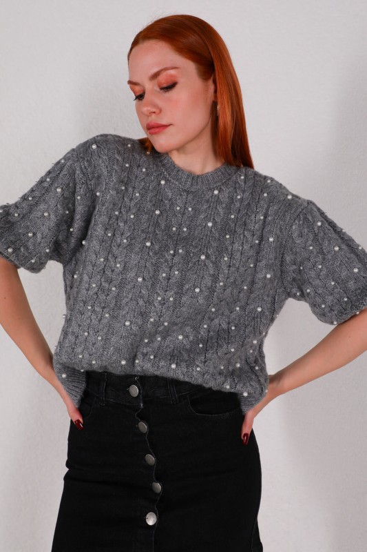 BLZ-3910 Gri Örgü Desenli Kol Lastikli Triko Bluz