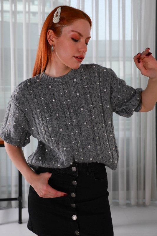 BLZ-3910 Gri Örgü Desenli Kol Lastikli Triko Bluz