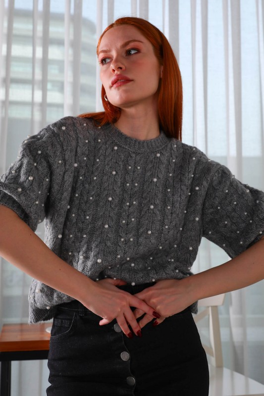 BLZ-3910 Gri Örgü Desenli Kol Lastikli Triko Bluz