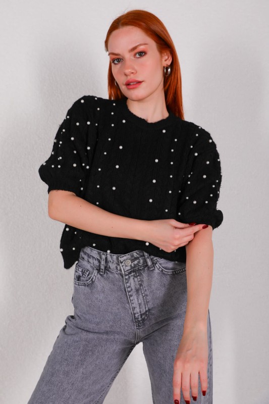 BLZ-3910 Siyah Örgü Desenli Kol Lastikli Triko Bluz