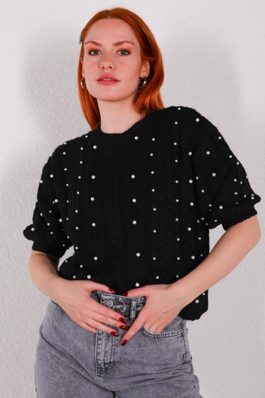 BLZ-3910 Siyah Örgü Desenli Kol Lastikli Triko Bluz