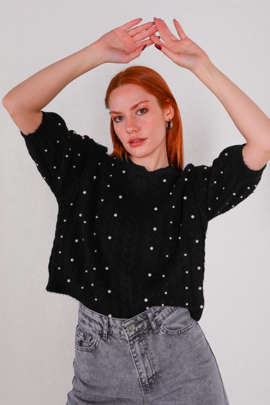 BLZ-3910 Siyah Örgü Desenli Kol Lastikli Triko Bluz