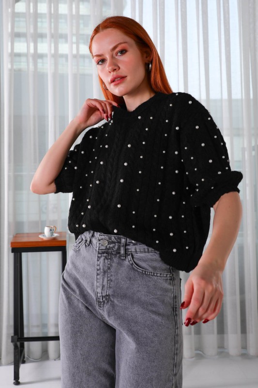 BLZ-3910 Siyah Örgü Desenli Kol Lastikli Triko Bluz