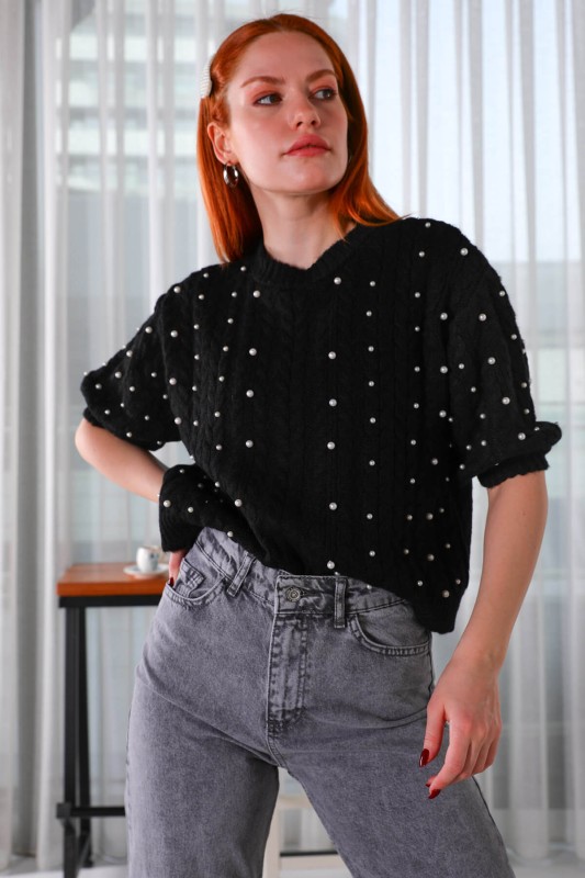 BLZ-3910 Siyah Örgü Desenli Kol Lastikli Triko Bluz