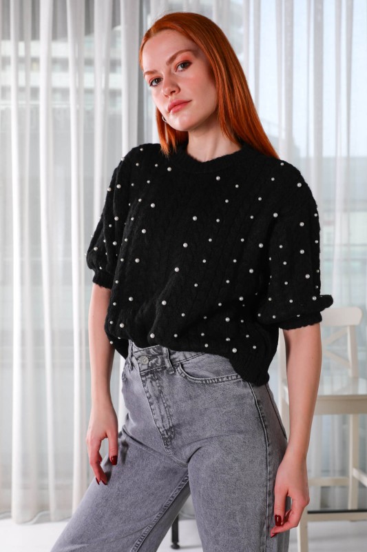BLZ-3910 Siyah Örgü Desenli Kol Lastikli Triko Bluz