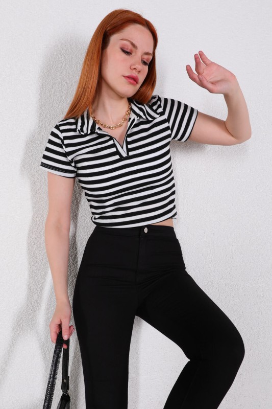 BLZ-06205 Siyah Yatay Şeritli Polo Yaka Kaşkorse Kumaş Crop Bluz