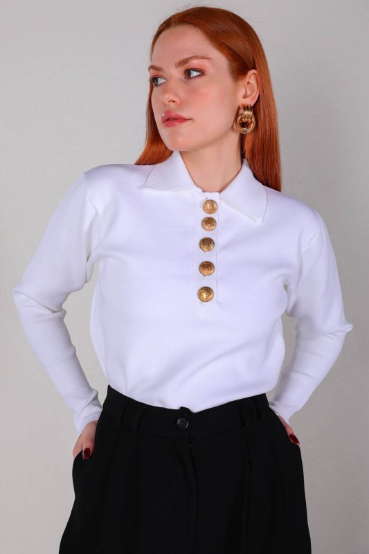 BLZ-3885 Beyaz Polo Yaka Gold Düğmeli Mevsimlik Çelik Örme Bluz