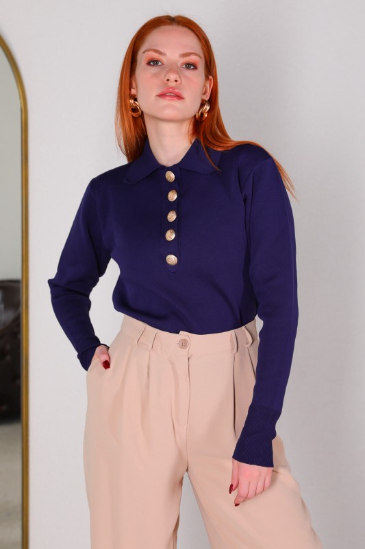 BLZ-3885 Lacivert Polo Yaka Gold Düğmeli Mevsimlik Çelik Örme Bluz