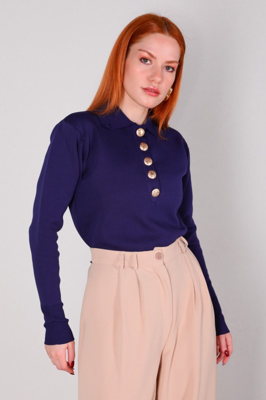 BLZ-3885 Lacivert Polo Yaka Gold Düğmeli Mevsimlik Çelik Örme Bluz