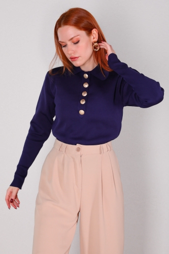 BLZ-3885 Lacivert Polo Yaka Gold Düğmeli Mevsimlik Çelik Örme Bluz - Thumbnail