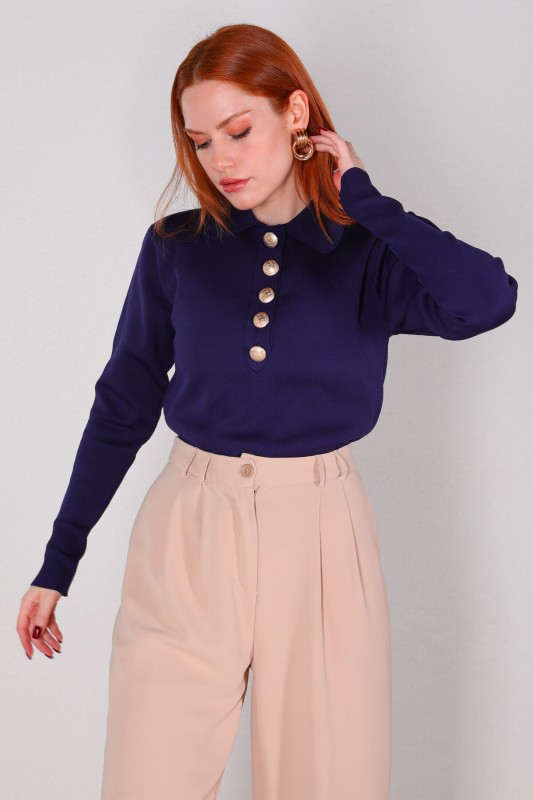 BLZ-3885 Lacivert Polo Yaka Gold Düğmeli Mevsimlik Çelik Örme Bluz