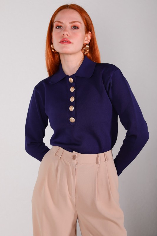 BLZ-3885 Lacivert Polo Yaka Gold Düğmeli Mevsimlik Çelik Örme Bluz