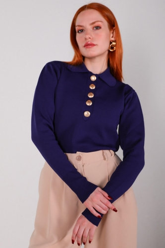 Cappmoda - BLZ-3885 Lacivert Polo Yaka Gold Düğmeli Mevsimlik Çelik Örme Bluz (1)