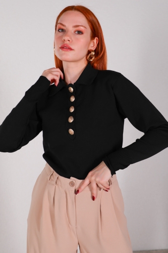 BLZ-3885 Siyah Polo Yaka Gold Düğmeli Mevsimlik Çelik Örme Bluz - Thumbnail
