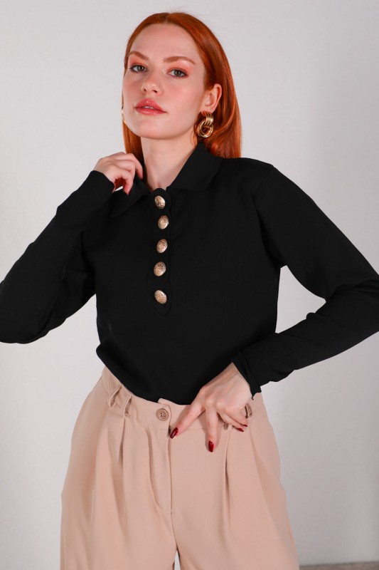 BLZ-3885 Siyah Polo Yaka Gold Düğmeli Mevsimlik Çelik Örme Bluz
