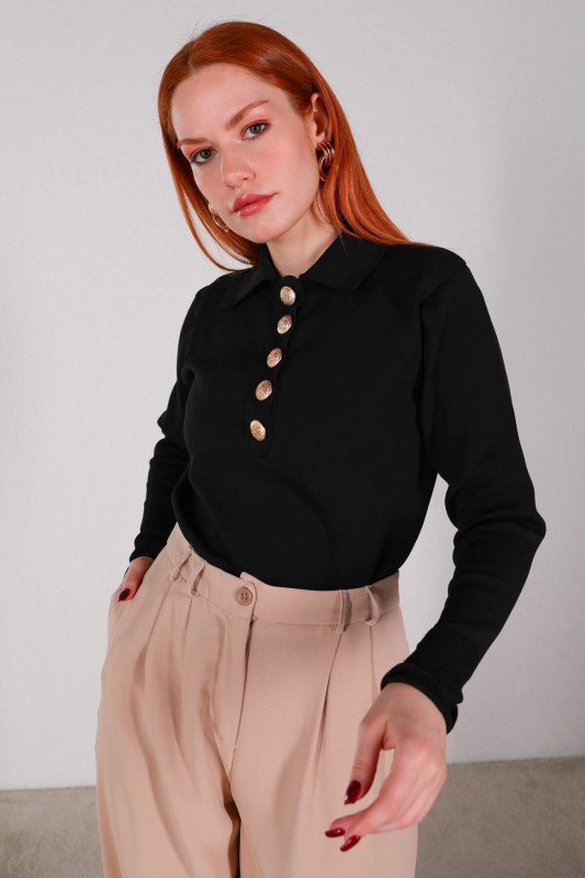 BLZ-3885 Siyah Polo Yaka Gold Düğmeli Mevsimlik Çelik Örme Bluz