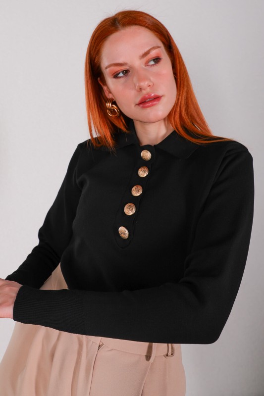 BLZ-3885 Siyah Polo Yaka Gold Düğmeli Mevsimlik Çelik Örme Bluz