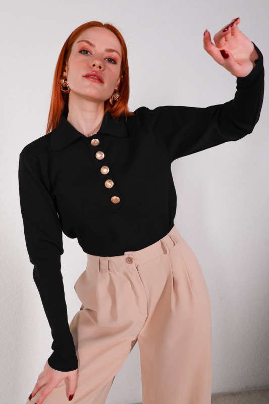 BLZ-3885 Siyah Polo Yaka Gold Düğmeli Mevsimlik Çelik Örme Bluz