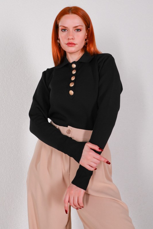 BLZ-3885 Siyah Polo Yaka Gold Düğmeli Mevsimlik Çelik Örme Bluz