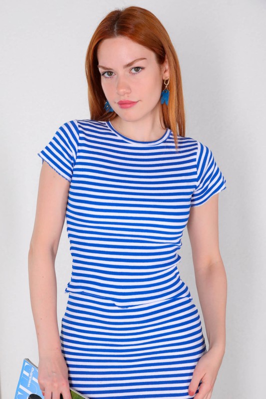 BLZ-06209 Mavi Beyaz Çizgili Crop Bluz