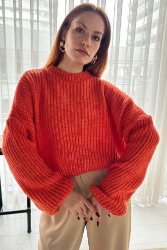 Cappmoda - BLZ-3579 Turuncu Örgülü Geniş Kol Triko Bluz (1)
