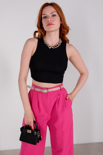 BLZ-06210 Siyah Halter Yaka Kaşkorse Kumaş Crop Bluz - Thumbnail