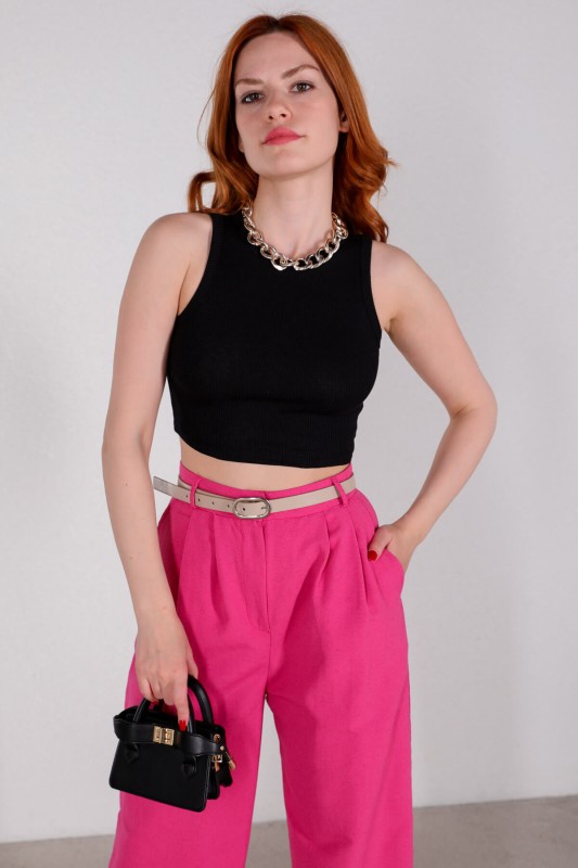 BLZ-06210 Siyah Halter Yaka Kaşkorse Kumaş Crop Bluz