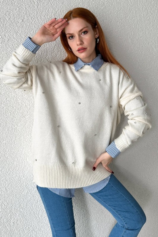 BLZ-3869 Beyaz Bisiklet Yaka Taşlı Mevsimlik Triko Bluz