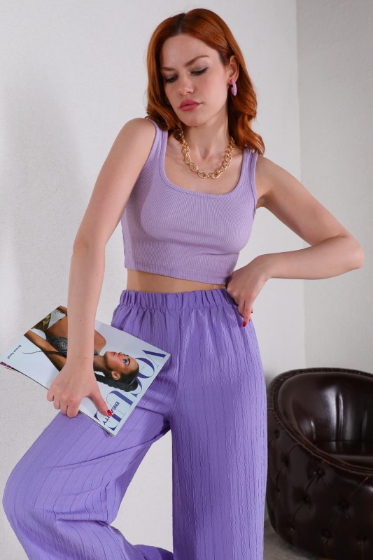 BLZ-06211 Lila U Yaka Kaşkorse Kumaş Crop Bluz - 1