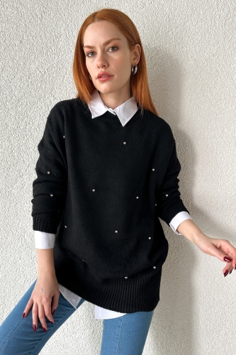 Cappmoda - BLZ-3869 Siyah Bisiklet Yaka Taşlı Mevsimlik Triko Bluz (1)