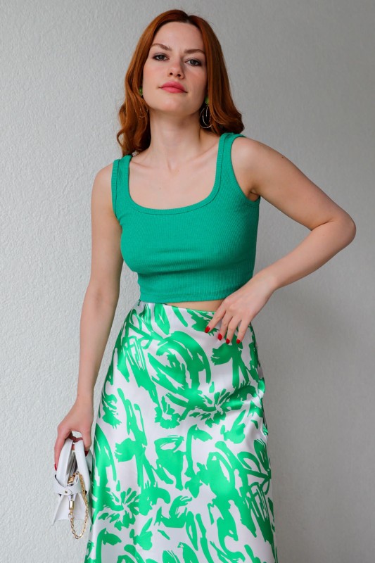 BLZ-06211 Yeşil U Yaka Kaşkorse Kumaş Crop Bluz - 1