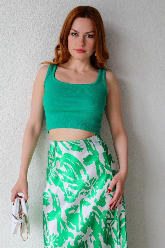 BLZ-06211 Yeşil U Yaka Kaşkorse Kumaş Crop Bluz - 3