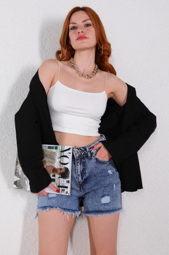 BLZ-06212 Beyaz İp Askılı Crop Bluz 