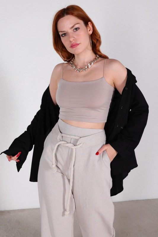 BLZ-06212 Taş Rengi İp Askılı Crop Bluz - 2