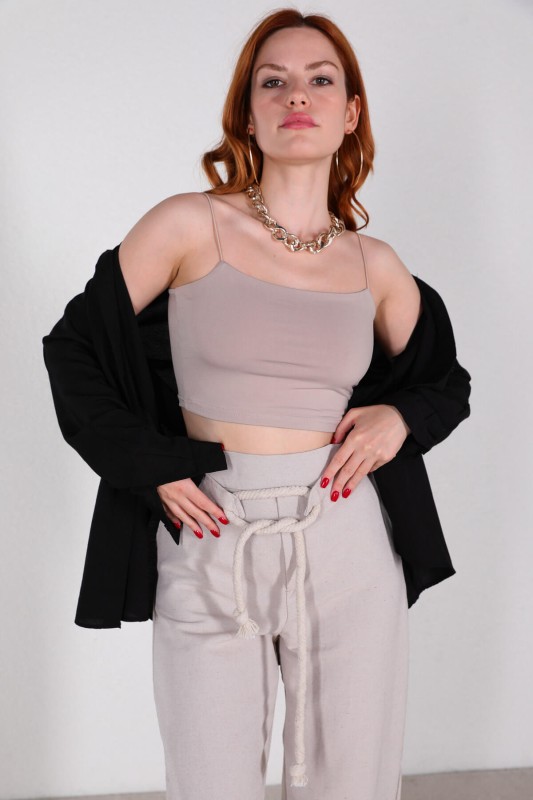 BLZ-06212 Taş Rengi İp Askılı Crop Bluz