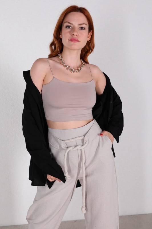 BLZ-06212 Taş Rengi İp Askılı Crop Bluz - 3