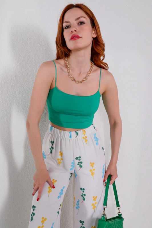 BLZ-06212 Yeşil İp Askılı Crop Bluz - 1