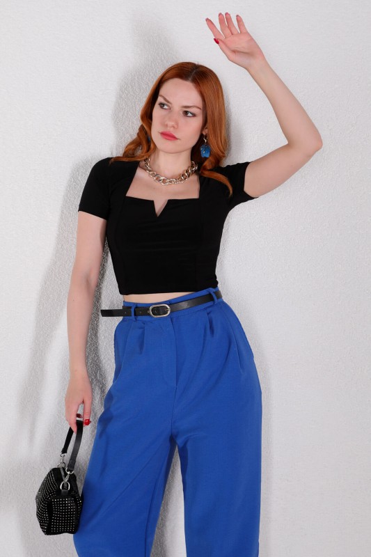 BLZ-06213 Siyah Polo Kare Yaka Kısa Kollu Bluz - 3