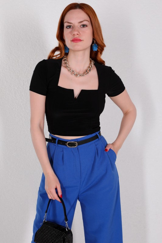BLZ-06213 Siyah Polo Kare Yaka Kısa Kollu Bluz - 1
