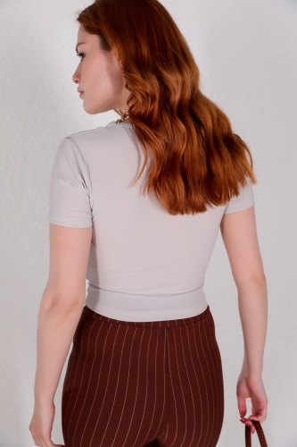 BLZ-06213 Taş Rengi Polo Kare Yaka Kısa Kollu Bluz - 6