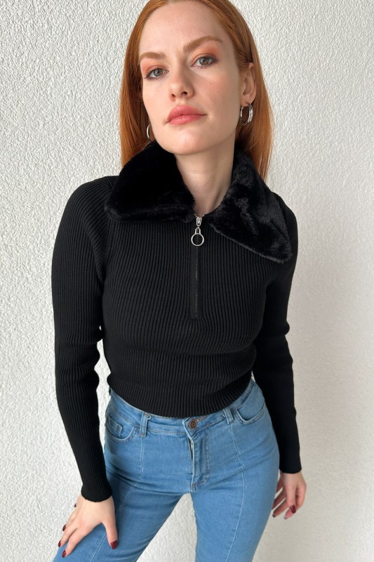 BLZ-3899 Siyah Kürklü Yaka Fitilli Triko Bluz