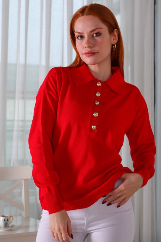 BLZ-3888 Kırmızı Polo Yaka Gold Düğmeli Salaş Triko Bluz