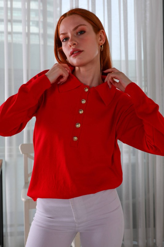 BLZ-3888 Kırmızı Polo Yaka Gold Düğmeli Salaş Triko Bluz