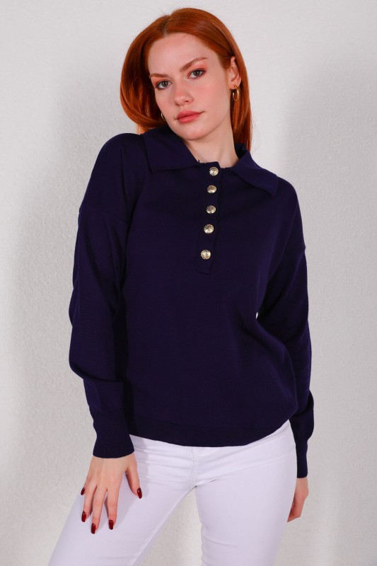 BLZ-3888 Lacivert Polo Yaka Gold Düğmeli Salaş Triko Bluz