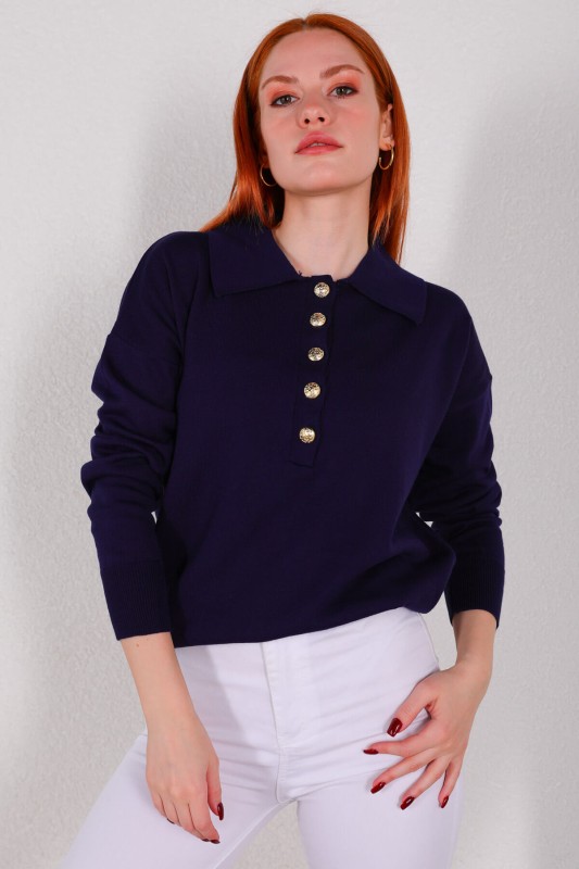 BLZ-3888 Lacivert Polo Yaka Gold Düğmeli Salaş Triko Bluz