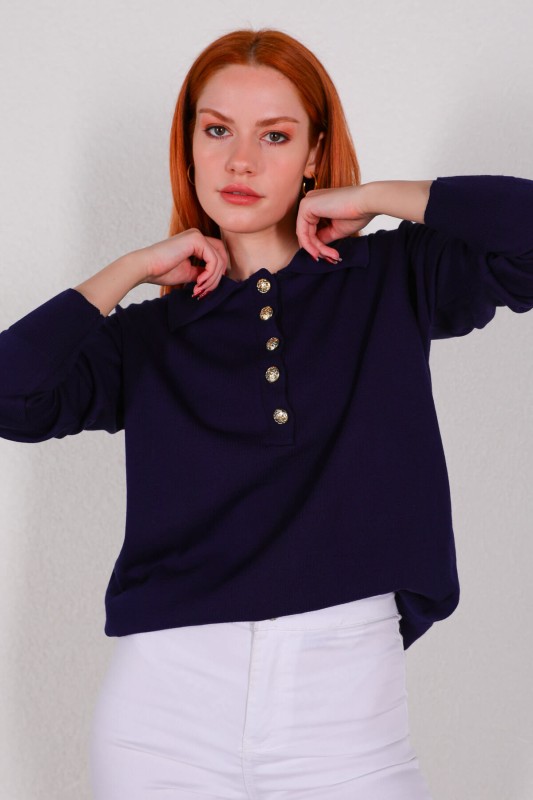 BLZ-3888 Lacivert Polo Yaka Gold Düğmeli Salaş Triko Bluz