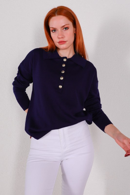 BLZ-3888 Lacivert Polo Yaka Gold Düğmeli Salaş Triko Bluz