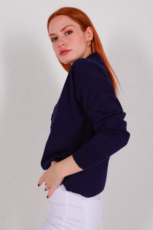 BLZ-3888 Lacivert Polo Yaka Gold Düğmeli Salaş Triko Bluz