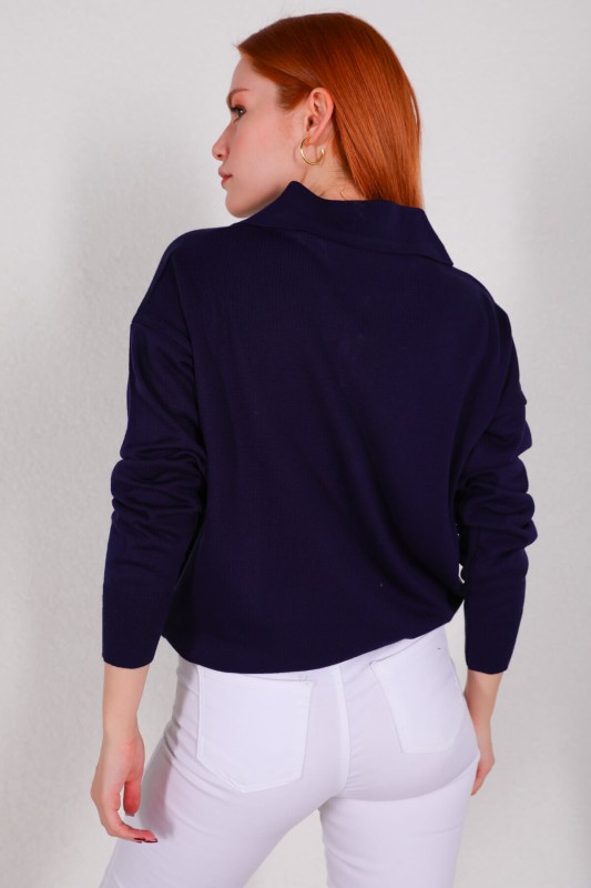 BLZ-3888 Lacivert Polo Yaka Gold Düğmeli Salaş Triko Bluz